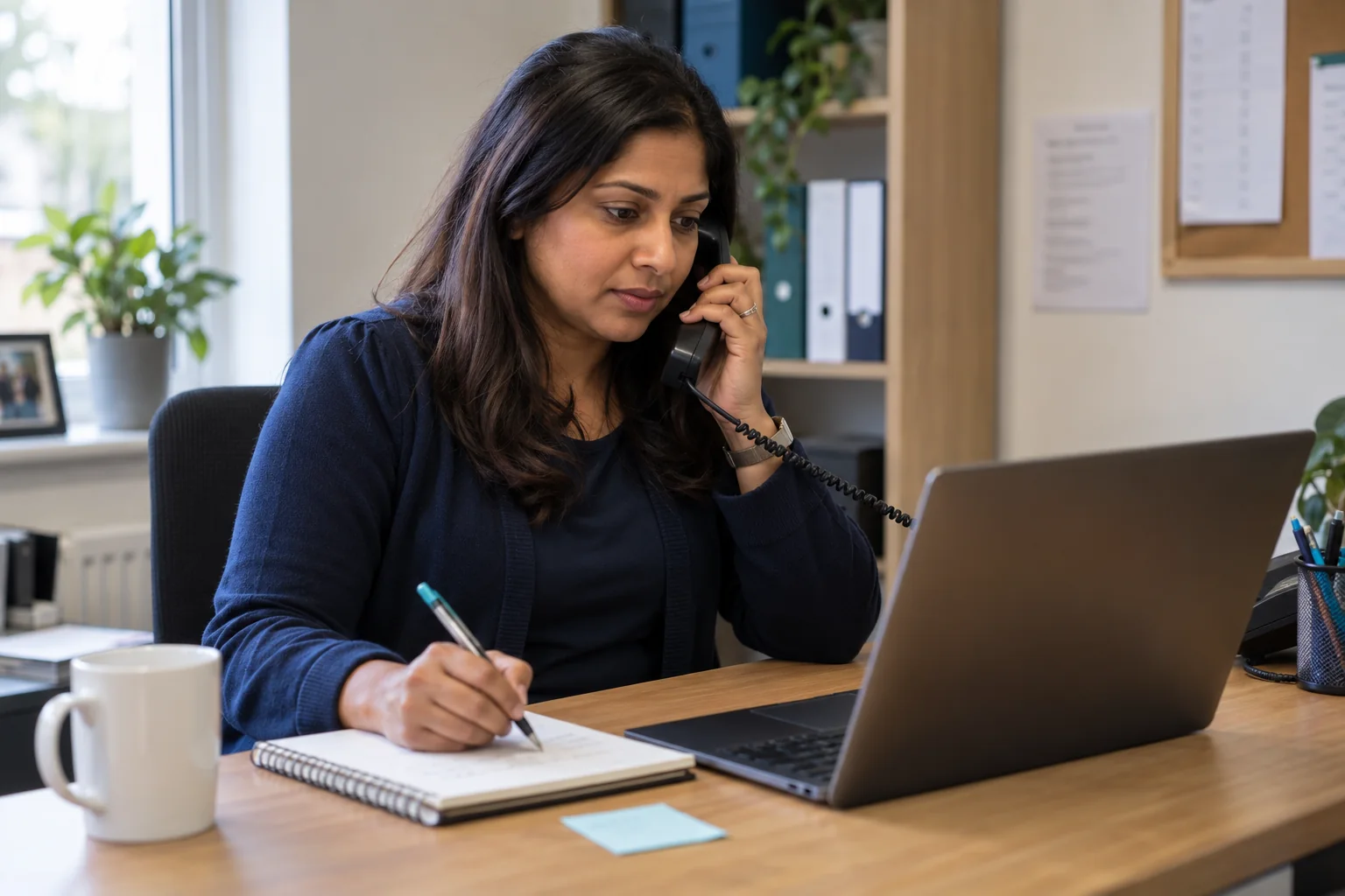 Illustrative scene of a homecare office coordinator following up an enquiry by phone and taking notes beside a laptop.