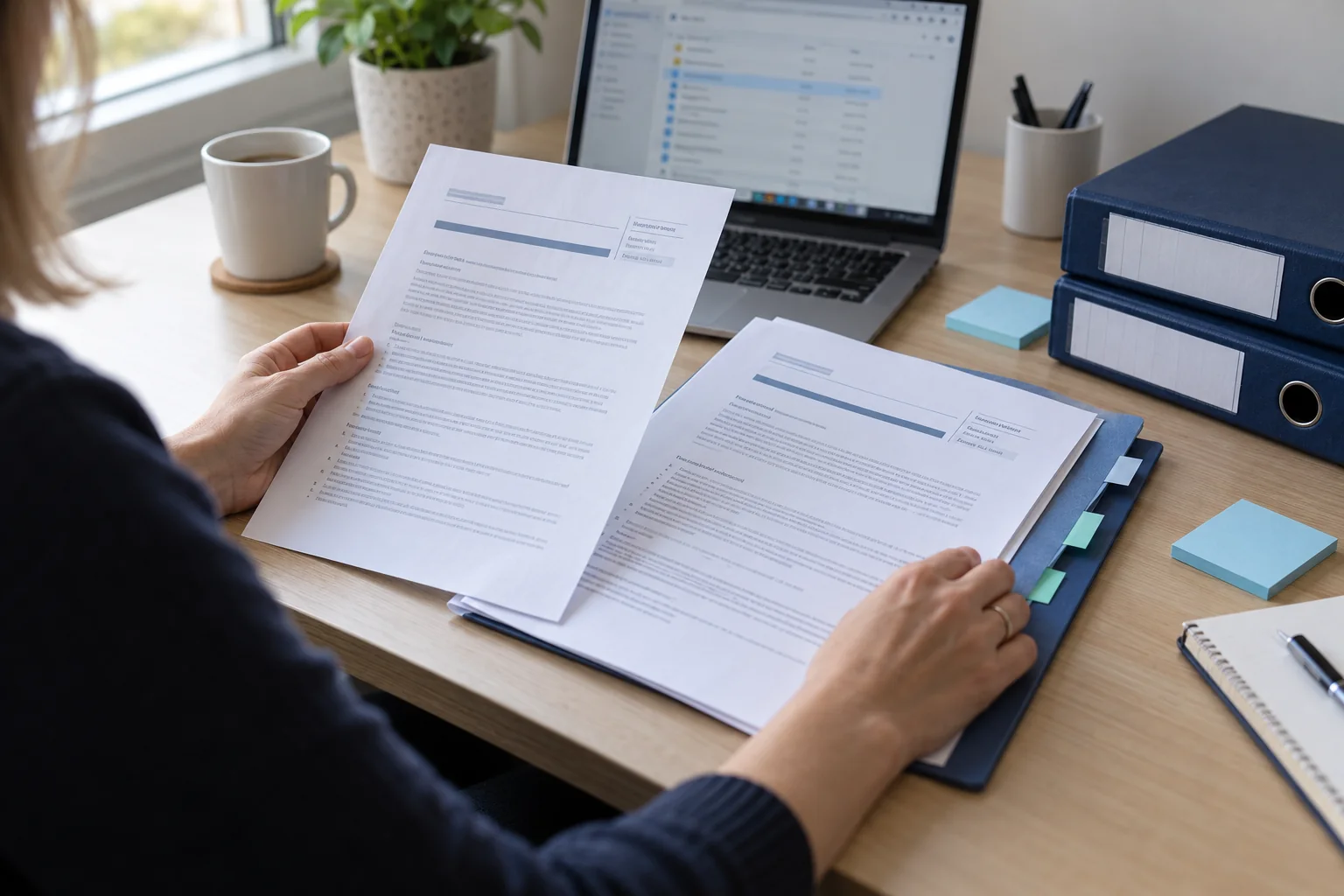 Illustrative scene of a manager comparing two policy documents beside a laptop file list.