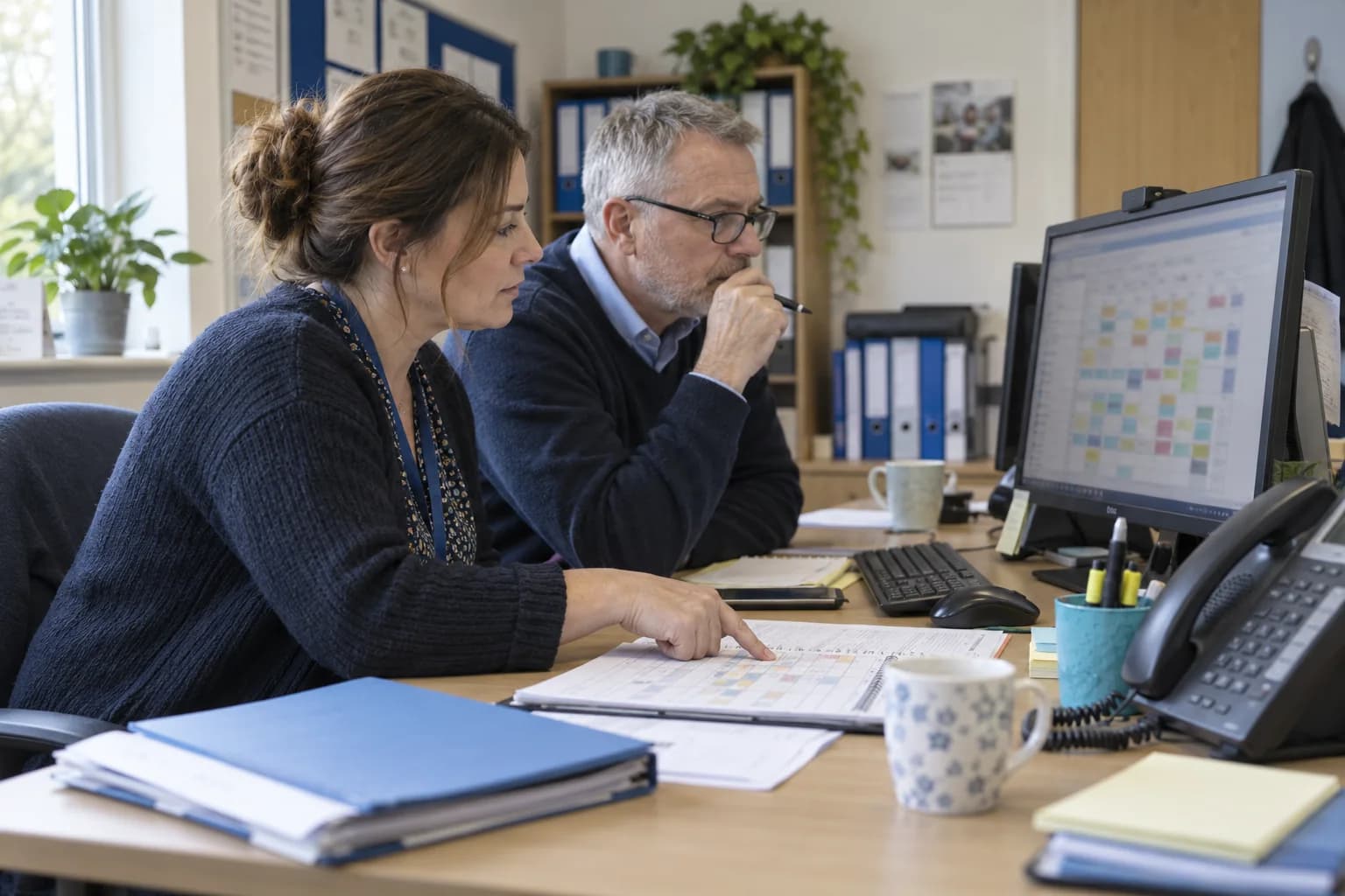 Illustrative scene of two homecare office colleagues comparing a printed rota with a schedule on screen.