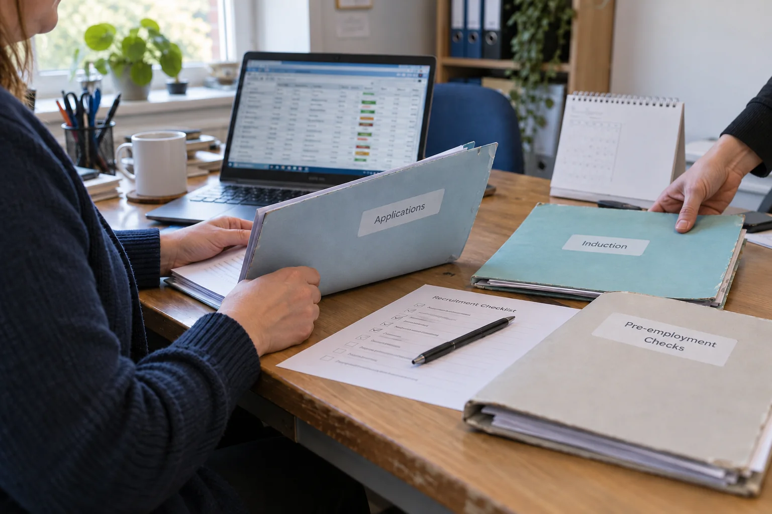 Illustrative scene of colleagues checking recruitment files, a checklist and a tracking spreadsheet before induction.