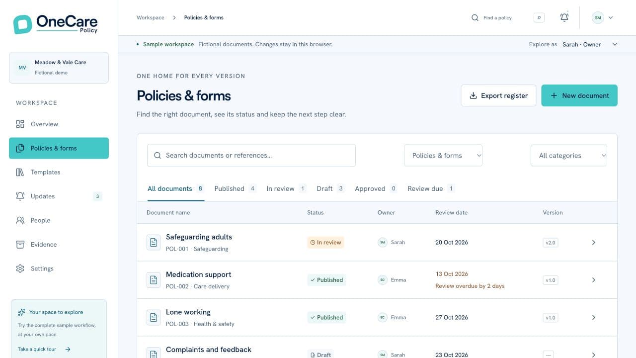 OneCare Policy’s fictional policy library, showing document owners, review dates and draft, review and published statuses.