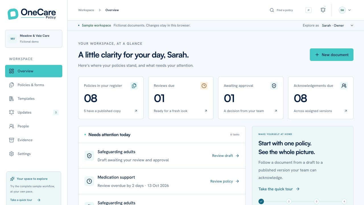 The OneCare Policy development dashboard with fictional policy review tasks, approval status and staff acknowledgements.
